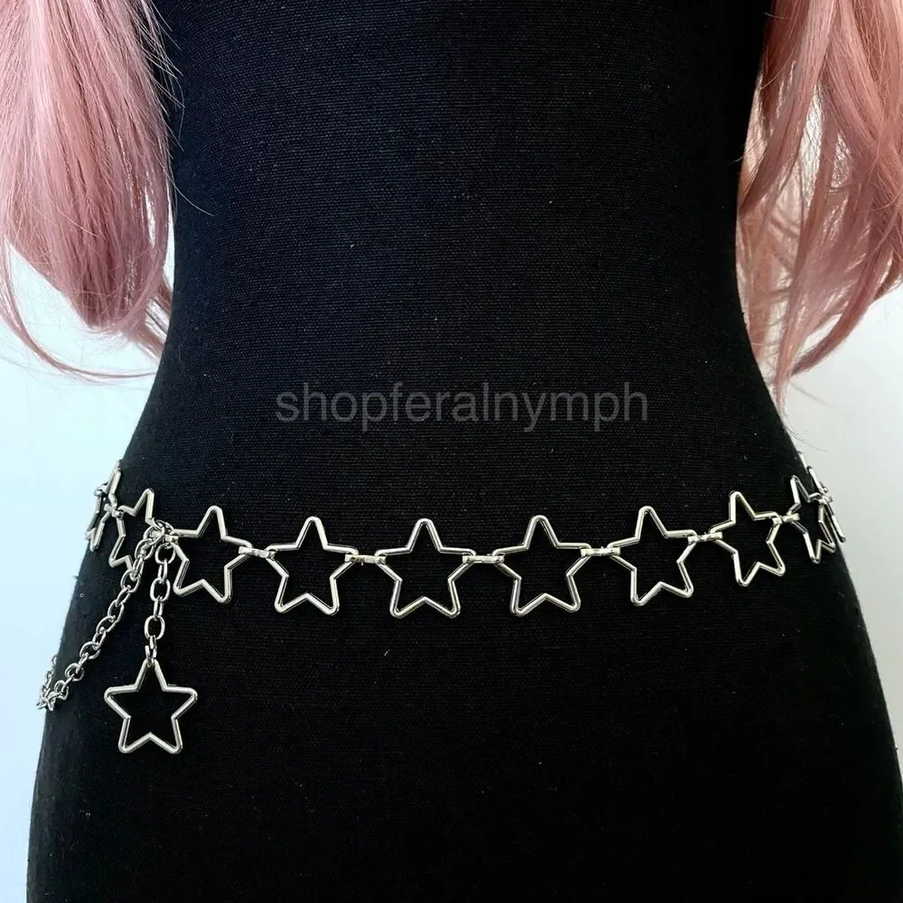 Silver Y2K Open Star Link Cutout Waist Chain Belt, Fits 21-38 Inches, X7GA1415